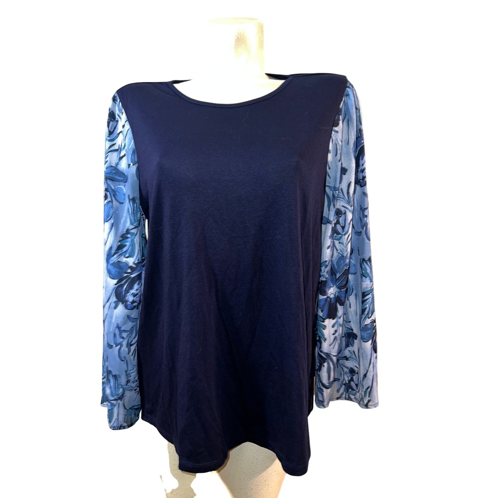 New Diane Gilman DG2 Top Navy Blue Floral Contrast Long Sleeve Tunic Large NWT